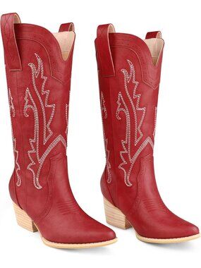 Women's Red Mid Calf Cowboy Boots Pointy Toe Embroidered Western Boot